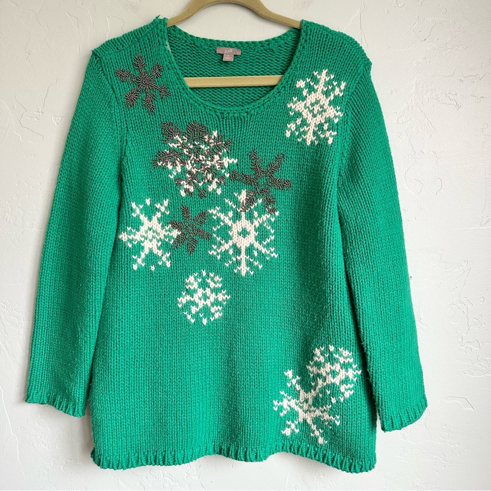 J.‎ Jill Women Lux Mohair Wool Blend Beaded Snowflake Holiday Sweater Medium EUC
